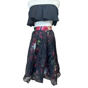 Romantic Whimsigoth Floral Satin Midi Skirt with Sheer Lace Overlay Size 1X